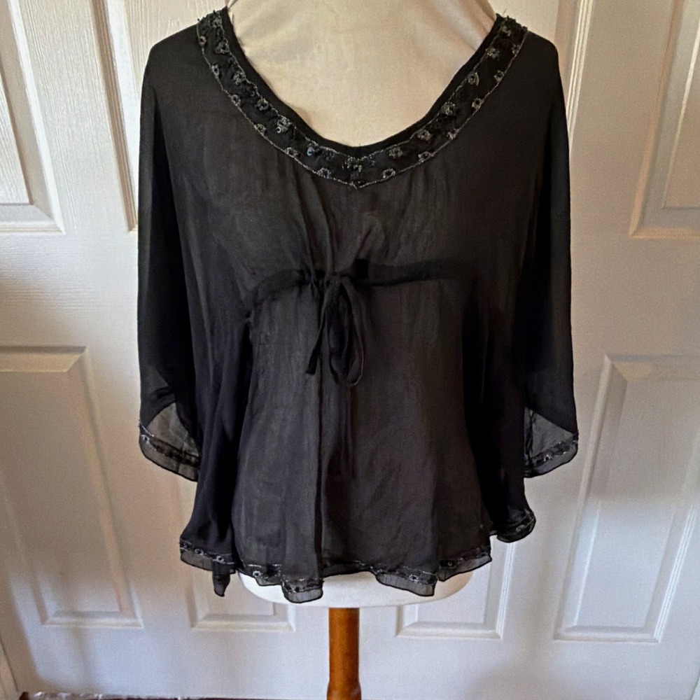 Women's L Black Sheer Beaded Sequin Poncho Blouse Batwing Whimsigoth Y2K Timing